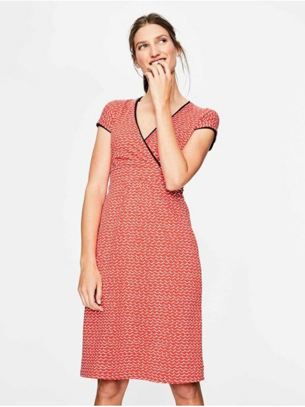 Boden Red Wave-Print V-Neck Midi Dress